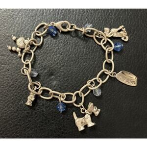 Pet Charm Bracelet Silver Tone Dog Bowl, Poodle, With Blue Beads Small